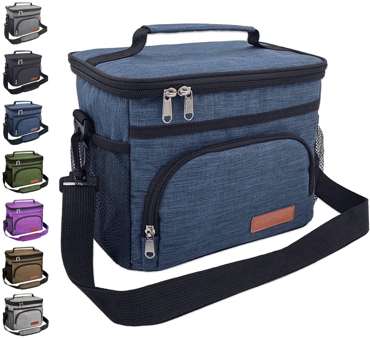 ExtraCharm Insulated Lunch Bag for Women/Men - Reusable Lunch Box for Office Picnic Hiking Beach - Leakproof Cooler Tote Bag Organizer with Adjustable Shoulder Strap for Adults - Black
