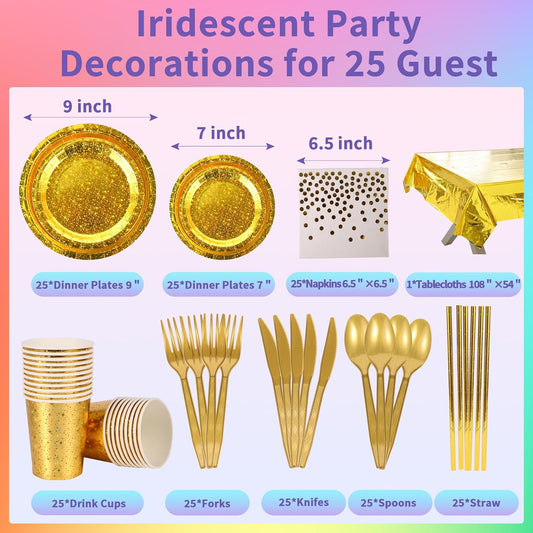 Sparkling Star Patterned Disposable Tableware Set, 201 Pieces, Tablecloths, Cutlery, Napkins, Cups, Straws, Plates for Parties, Birthdays, Graduations, Kids Events. 25Guest (Gold)