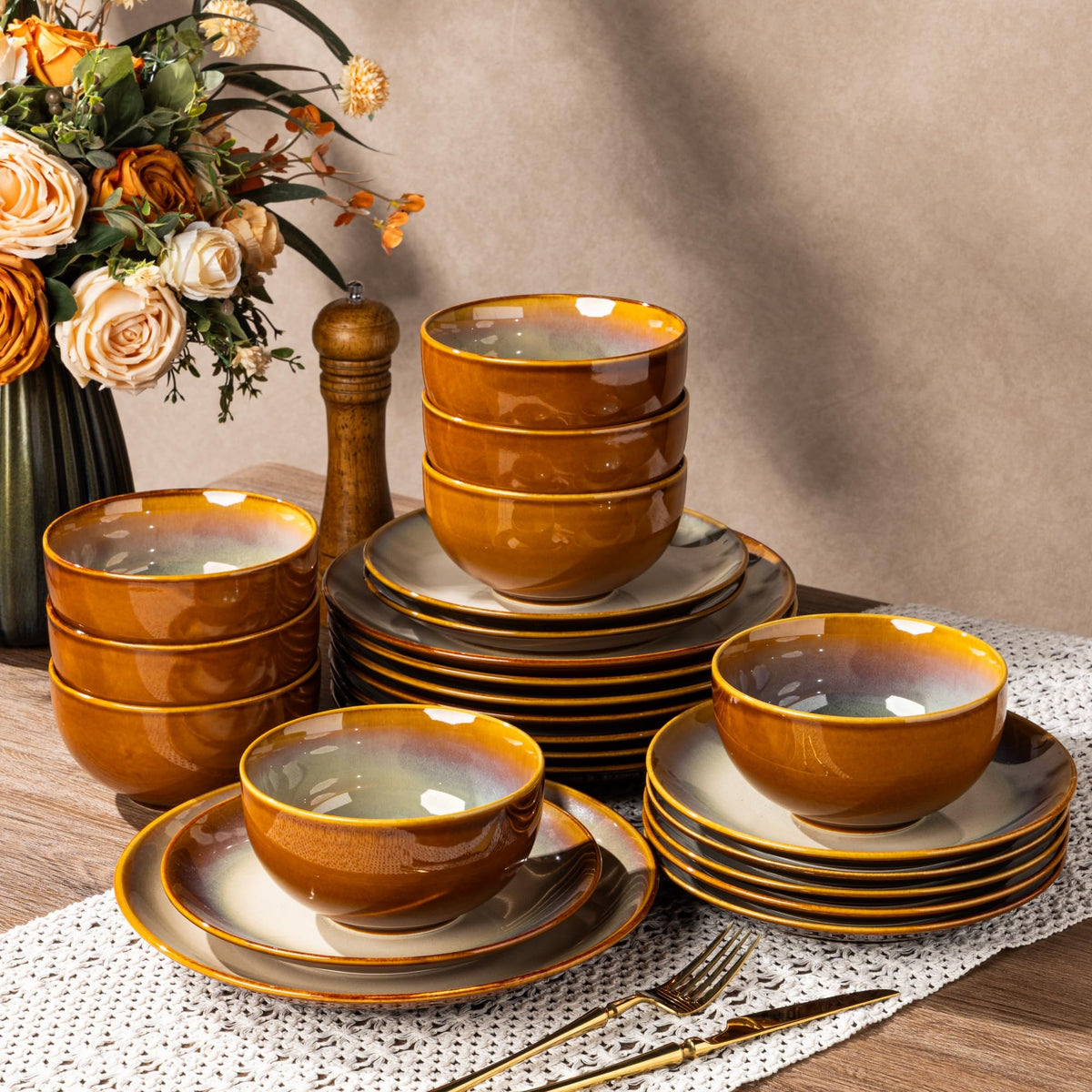 LeRatio Ceramic Dinnerware Sets for 6,18Pcs Porcelain Plates and Bowls Set