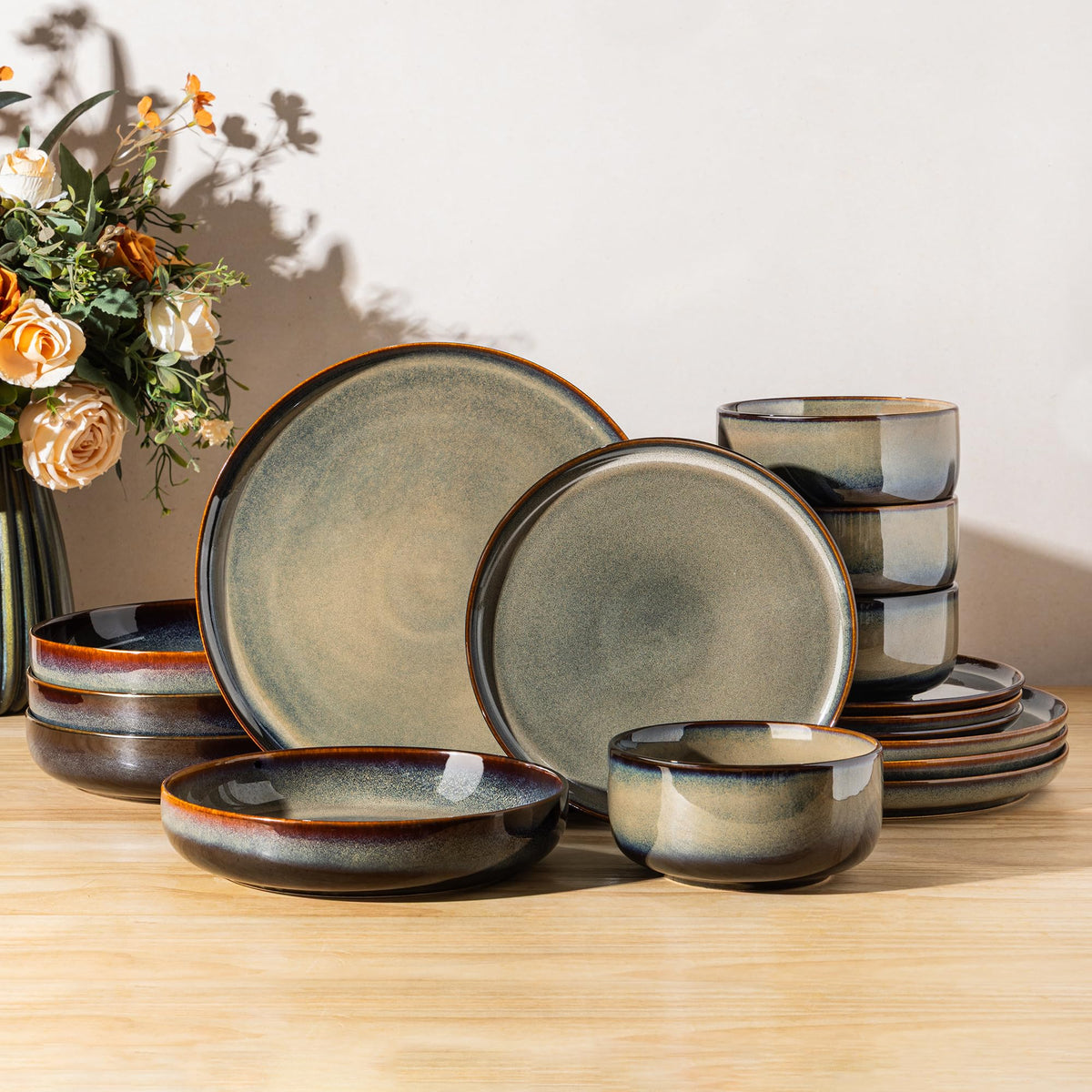 TheTerra Ceramic Dinnerware Set for 4, 12-Piece Plates and Bowls Set