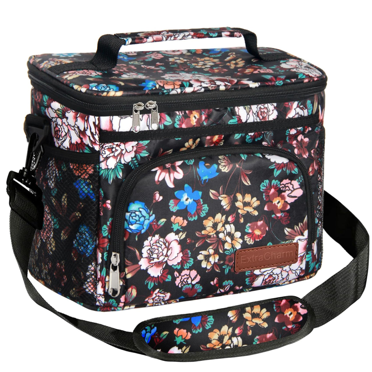 ExtraCharm Insulated Lunch Bag for Women/Men - Reusable Lunch Box for Office Picnic Hiking Beach - Leakproof Cooler Tote Bag Organizer with Adjustable Shoulder Strap for Adults - Black