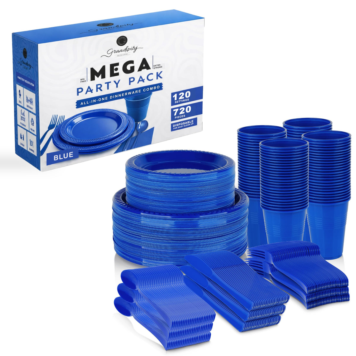 Grandipity Disposable Plastic Dinnerware Sets for Parties (720 pcs)