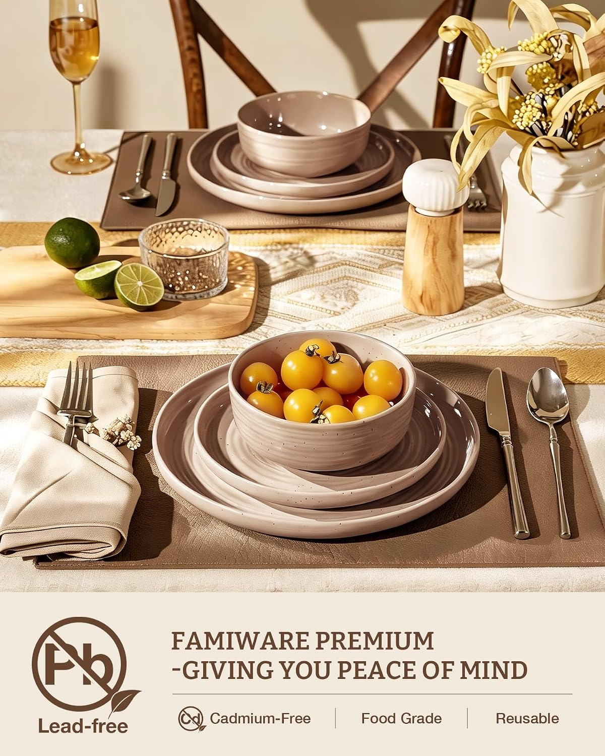 Stoneware Dinnerware Sets for 6, Plates and Bowls, Brown