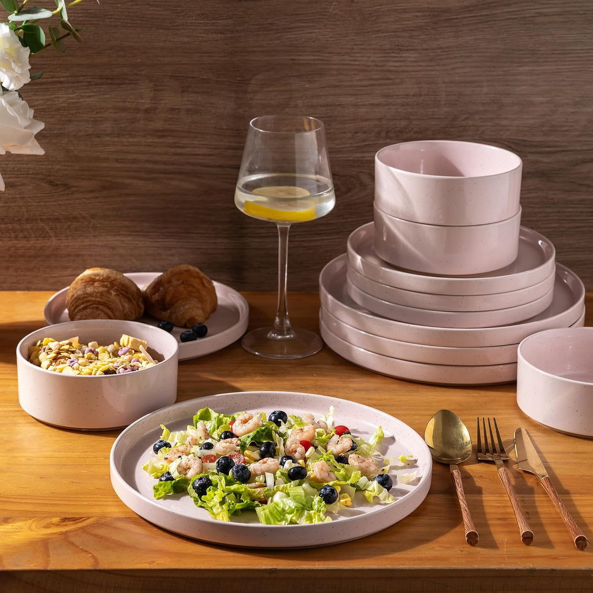 AmorArc Stoneware Dinnerware Sets for 4,12Pcs Plates and Bowls Set