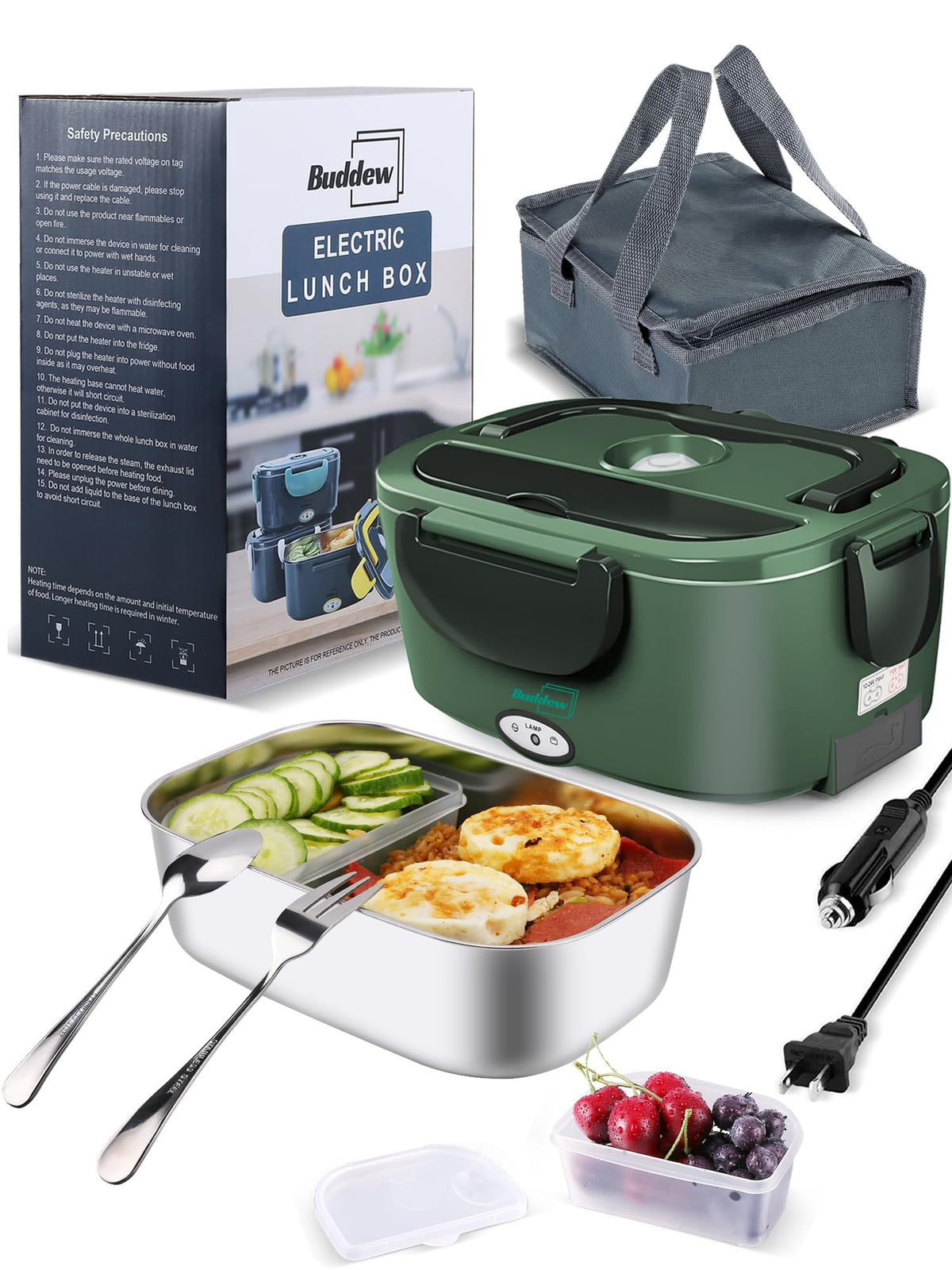 Buddew Electric Heated Lunch Box, 100W Fast Heating, 1.5L Food-Grade 304 Stainless Steel, 12V/24V/110V Portable Food Warmer for Car Truck Office Adults, Lonchera Electrica Portatil (Green)