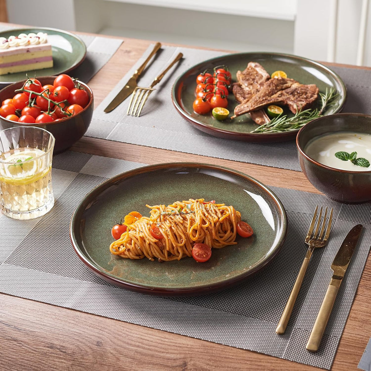 Pokini Stoneware Dinnerware Sets for 8, 24pcs Plates and Bowls Sets Dishes