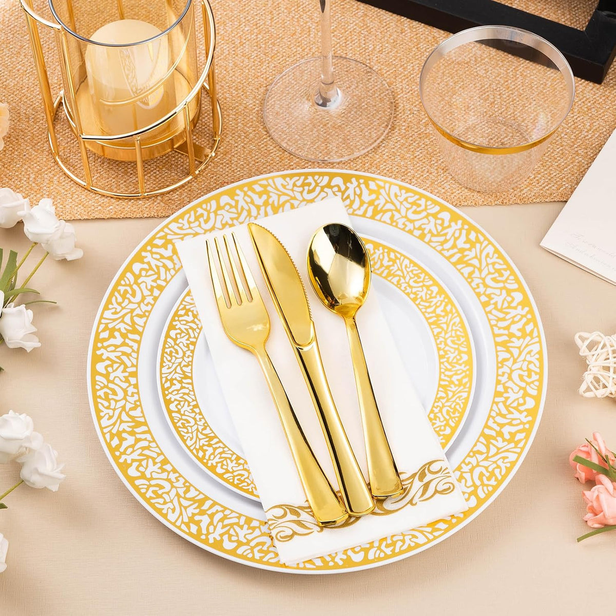 Bestluck 700 Pcs Gold Plastic Dinnerware Set for 100 Guests