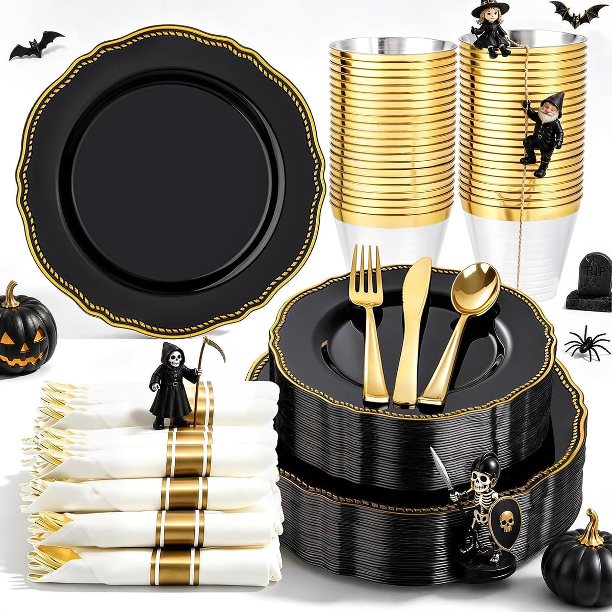 Hioasis 175 Pcs Black and Gold Plastic Plates Wedding & Party