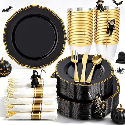 Hioasis 175 Pcs Black and Gold Plastic Plates Wedding & Party