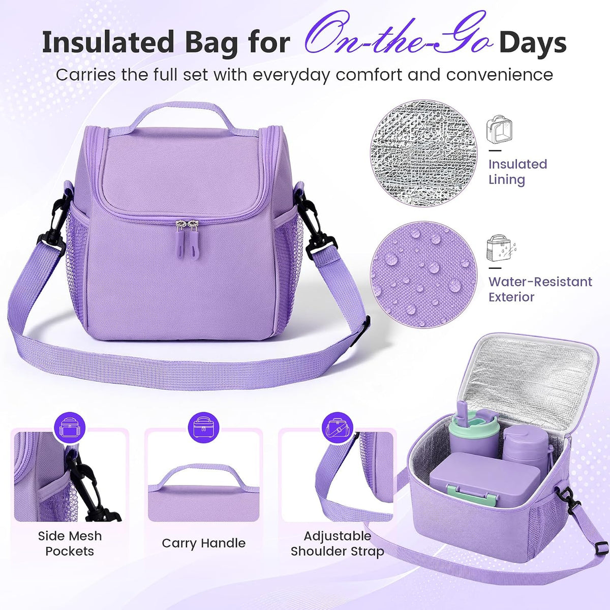 Pawtong Lunch Box Set with Bento Box Container, 17OZ Stainless Steel Food Soup Thermo, Kids Water Bottle & Portable Insulated Lunch Bag – Leakproof, Hot/Cold Retention for School, Travel (Purple)