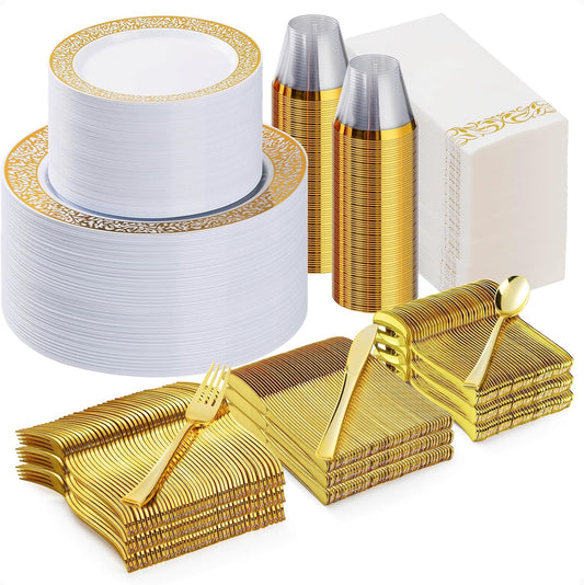 Bestluck 700 Pcs Gold Plastic Dinnerware Set for 100 Guests