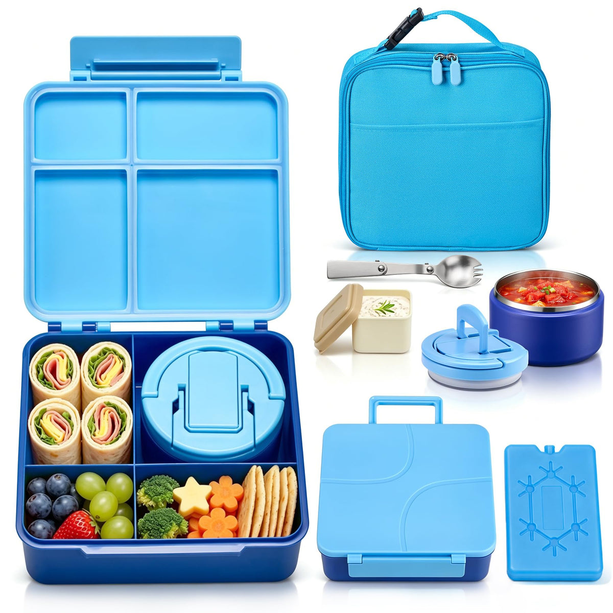 Bento Lunch Box with 8oz Soup Thermo,Kids Leakproof 4 Compartment Lunch Food Containers with Sauce Cup and Ice Pack,Kids Thermo Insulated Hot Food Jar and Lunch Bag for School,Trvael-Black