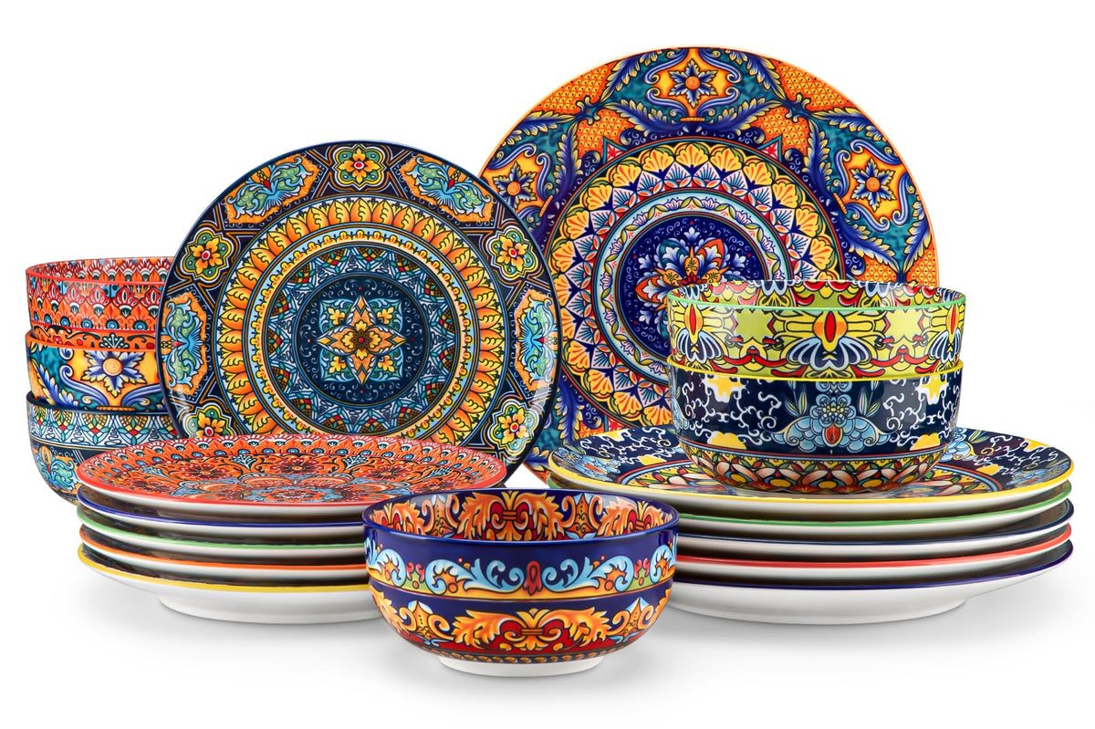 vancasso 24-Piece Dinnerware Sets,Plates & Bowls Sets Service for 6, Bohemian Porcelain Dishes Set for 6, Kitchen Dinner Set,Microwave & Dishwasher Safe, Scratch Resistant,Series KRVI