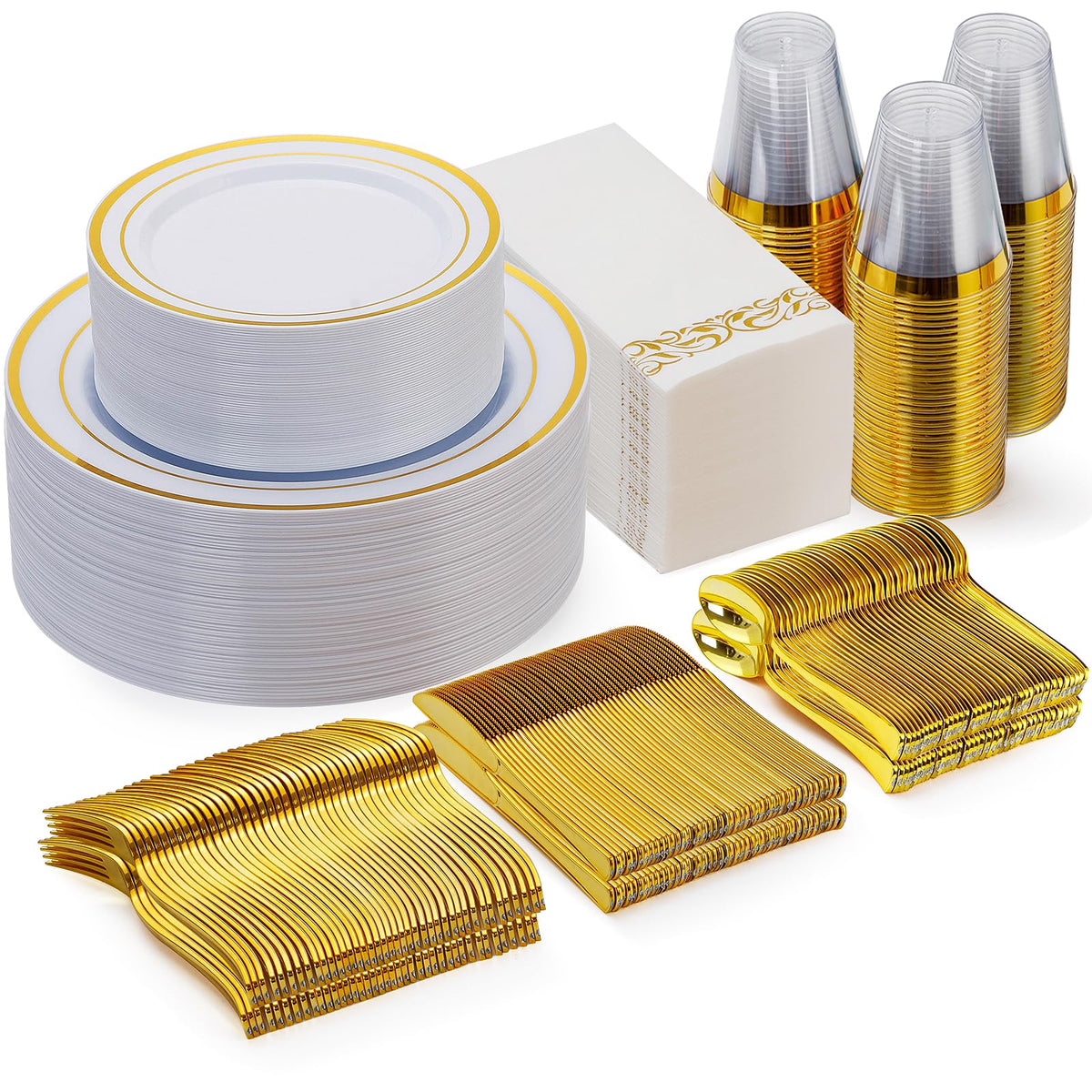 Goodluck 700 Piece Gold Dinnerware Set for 100 Guests, Disposable Plate Set