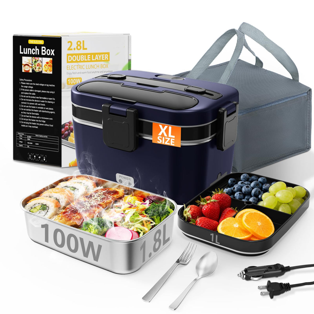Electric Lunch Box for Adults, 2.8L Double Layer Heated LunchBox