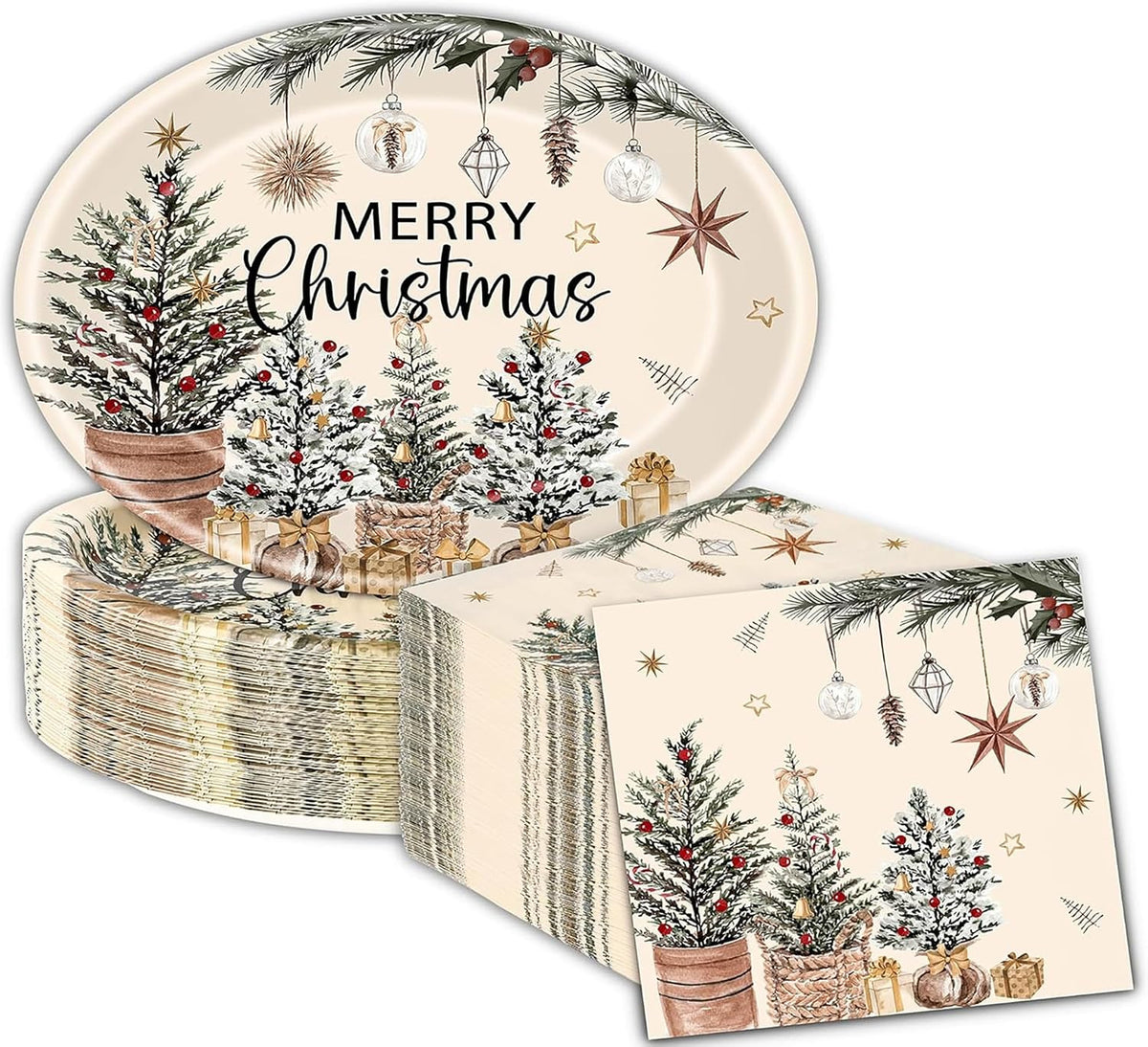 100Pcs Merry Christmas Oval Paper Plates and Napkins ,12"x10" Beige Plates