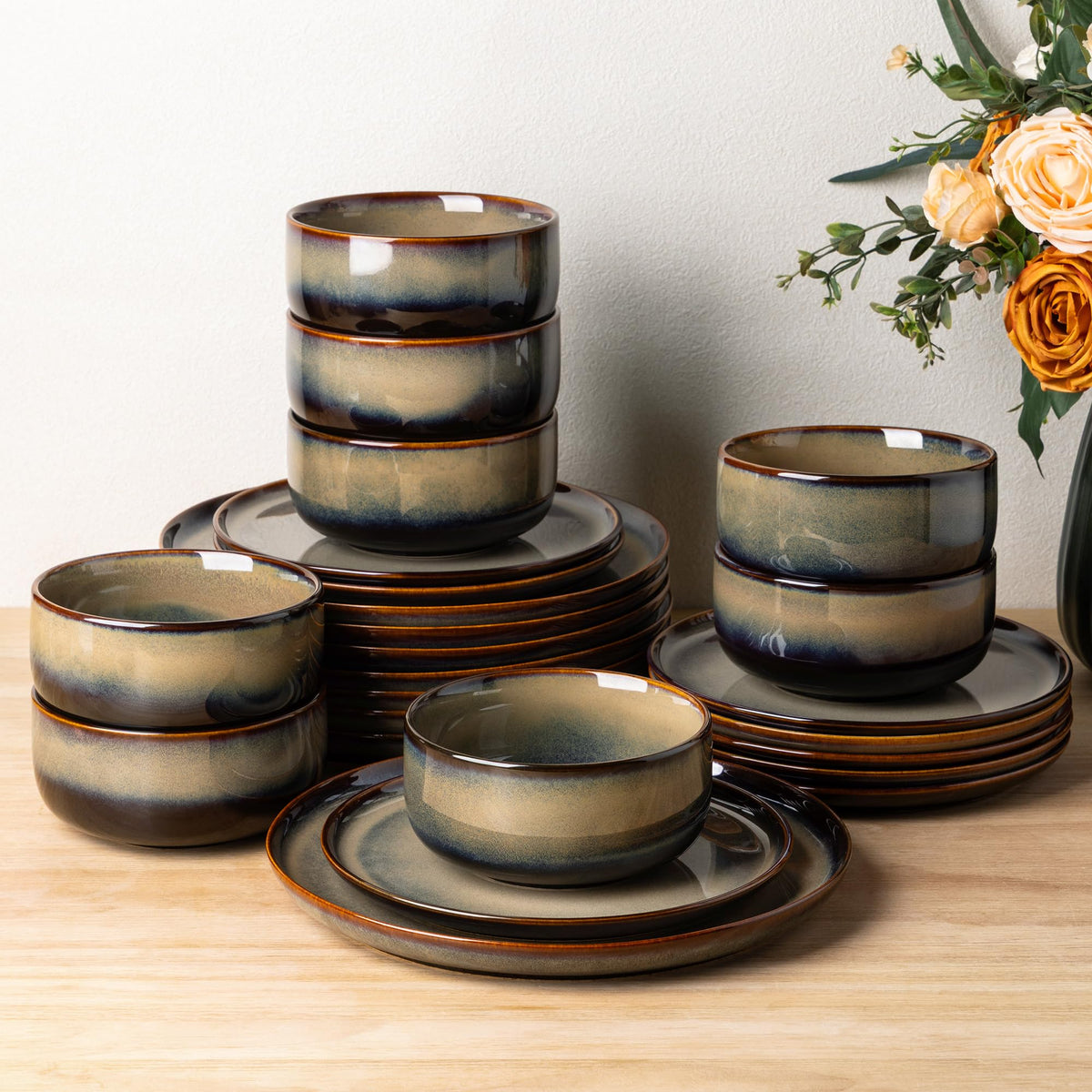 TheTerra Ceramic Dinnerware Set for 4, 12-Piece Plates and Bowls Set