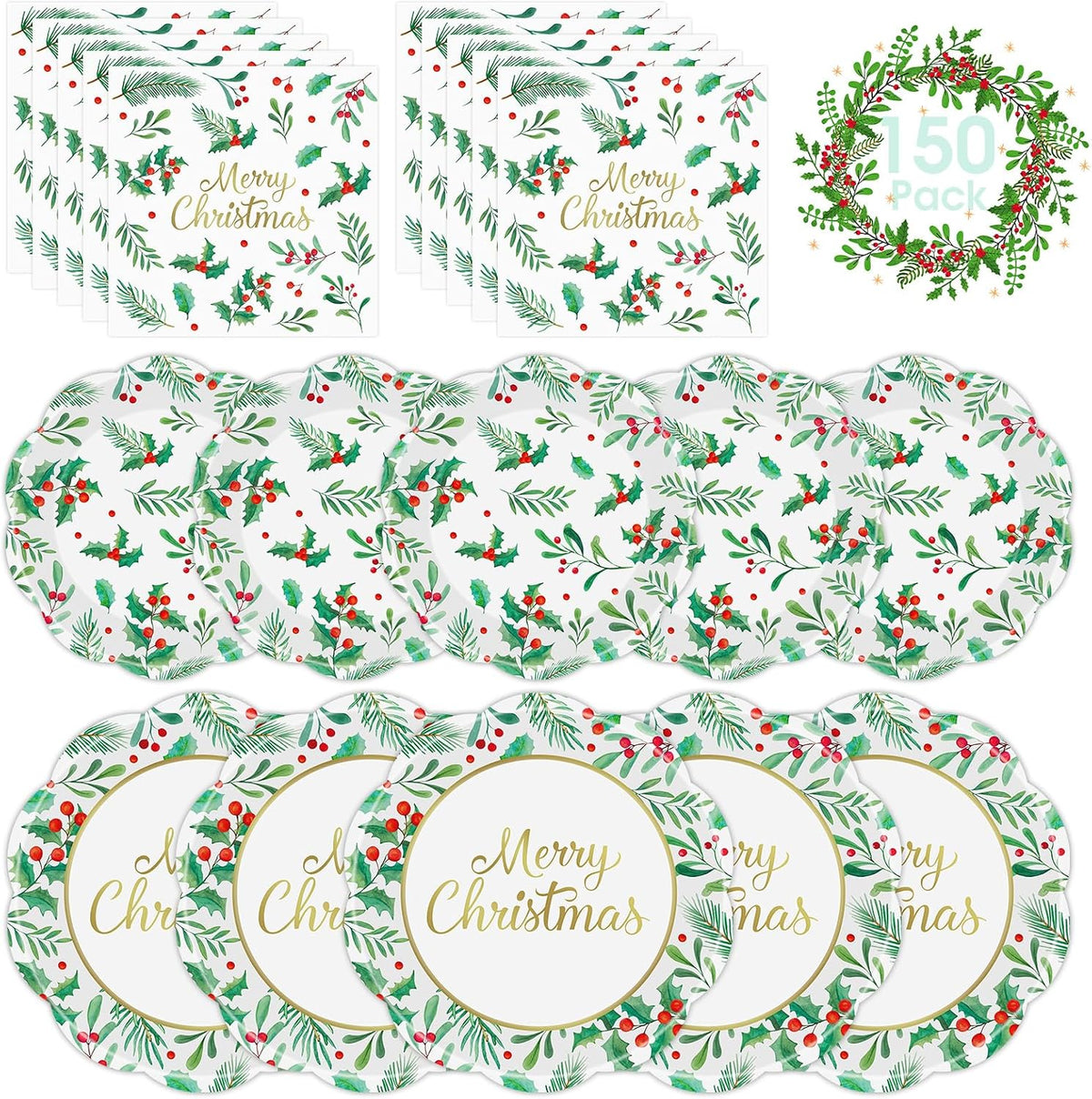 150 Pcs Merry Christmas Plates and Napkins - Disposable Christmas Paper Plates and Napkins, Holly Leaves Red Berries Tableware Sets for Winter Xmas Party Table Decorations Supplies Favors, Serve 50