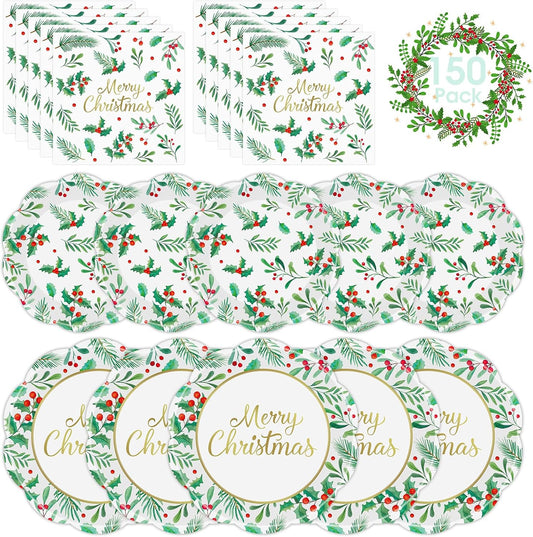 150 Pcs Merry Christmas Plates and Napkins - Disposable Christmas Paper Plates and Napkins, Holly Leaves Red Berries Tableware Sets for Winter Xmas Party Table Decorations Supplies Favors, Serve 50