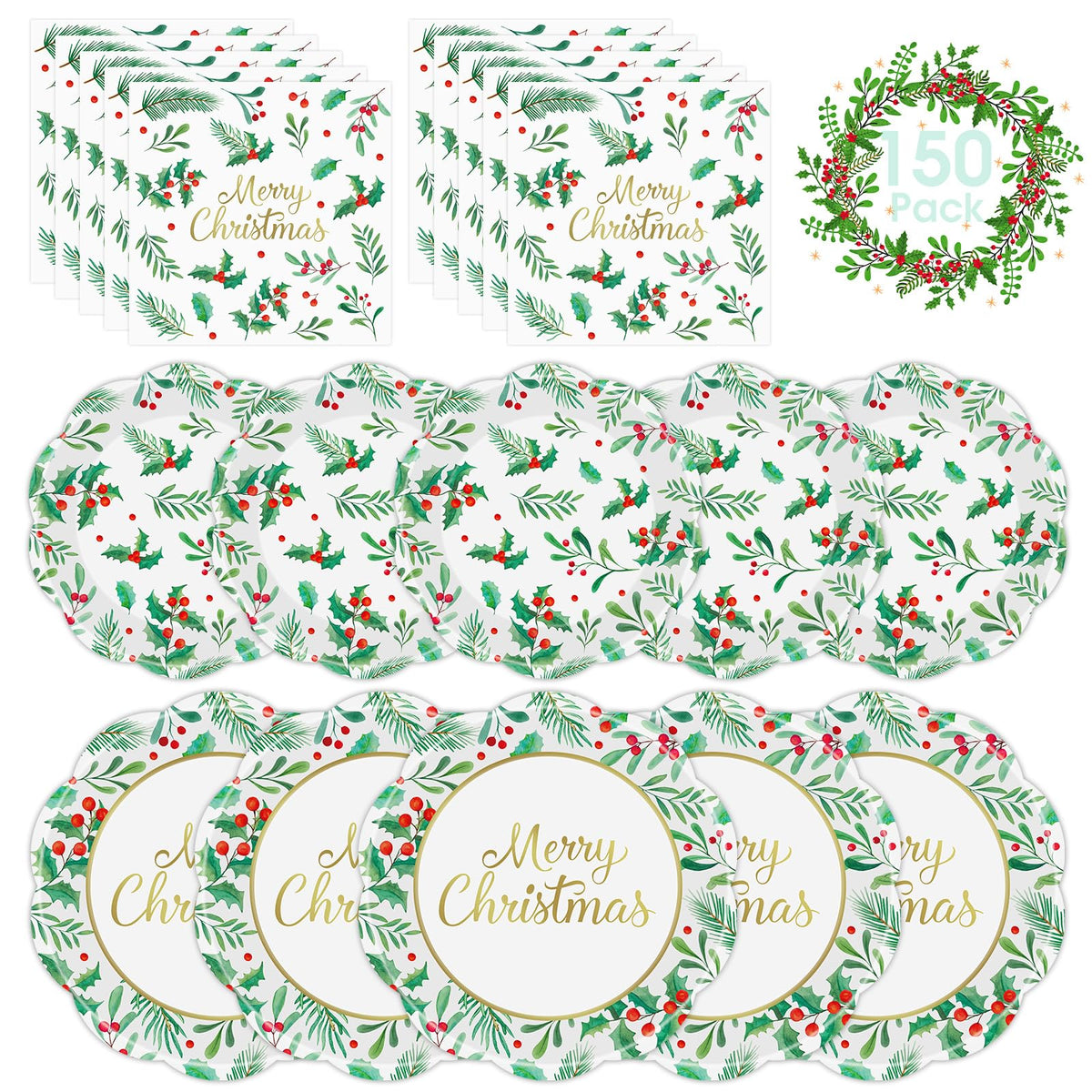 150 Pcs Merry Christmas Plates and Napkins - Disposable Christmas Paper Plates and Napkins, Holly Leaves Red Berries Tableware Sets for Winter Xmas Party Table Decorations Supplies Favors, Serve 50