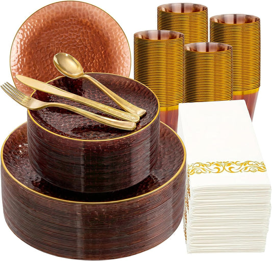 DaYammi 350PCS Amber Plastic Dinnerware Set for 50 Guests