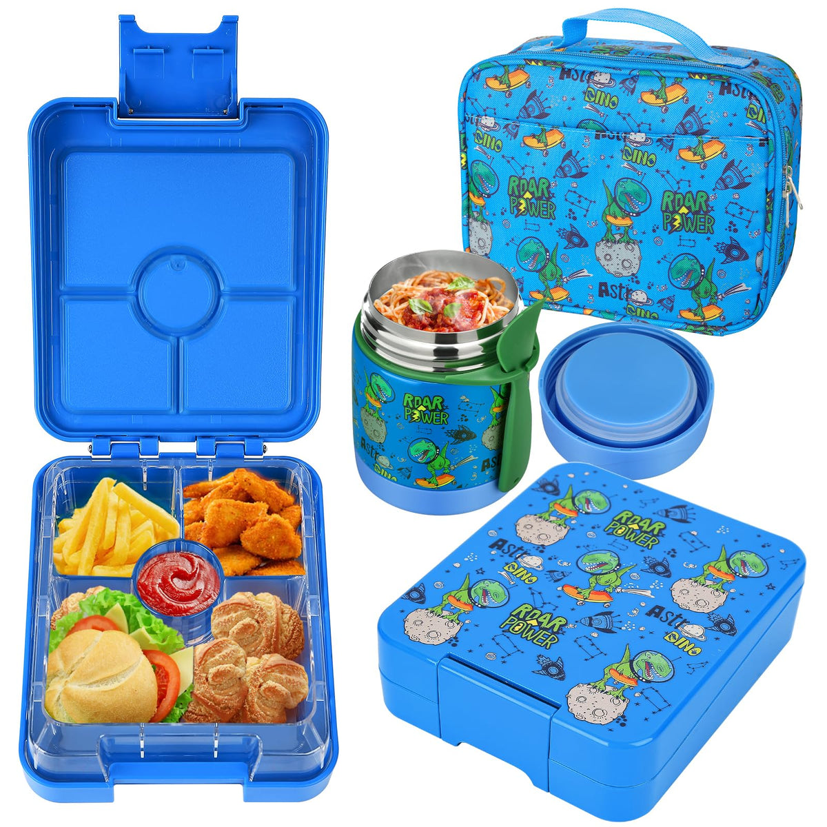 Bento Lunch Box Set for Kids with 10oz Soup Thermo, Leak-Proof Lunch Containers with 4 Compartment, Kids Thermo Hot Food Jar and Insulated Lunch Bag for Kid to School,BPA-Free(Black)