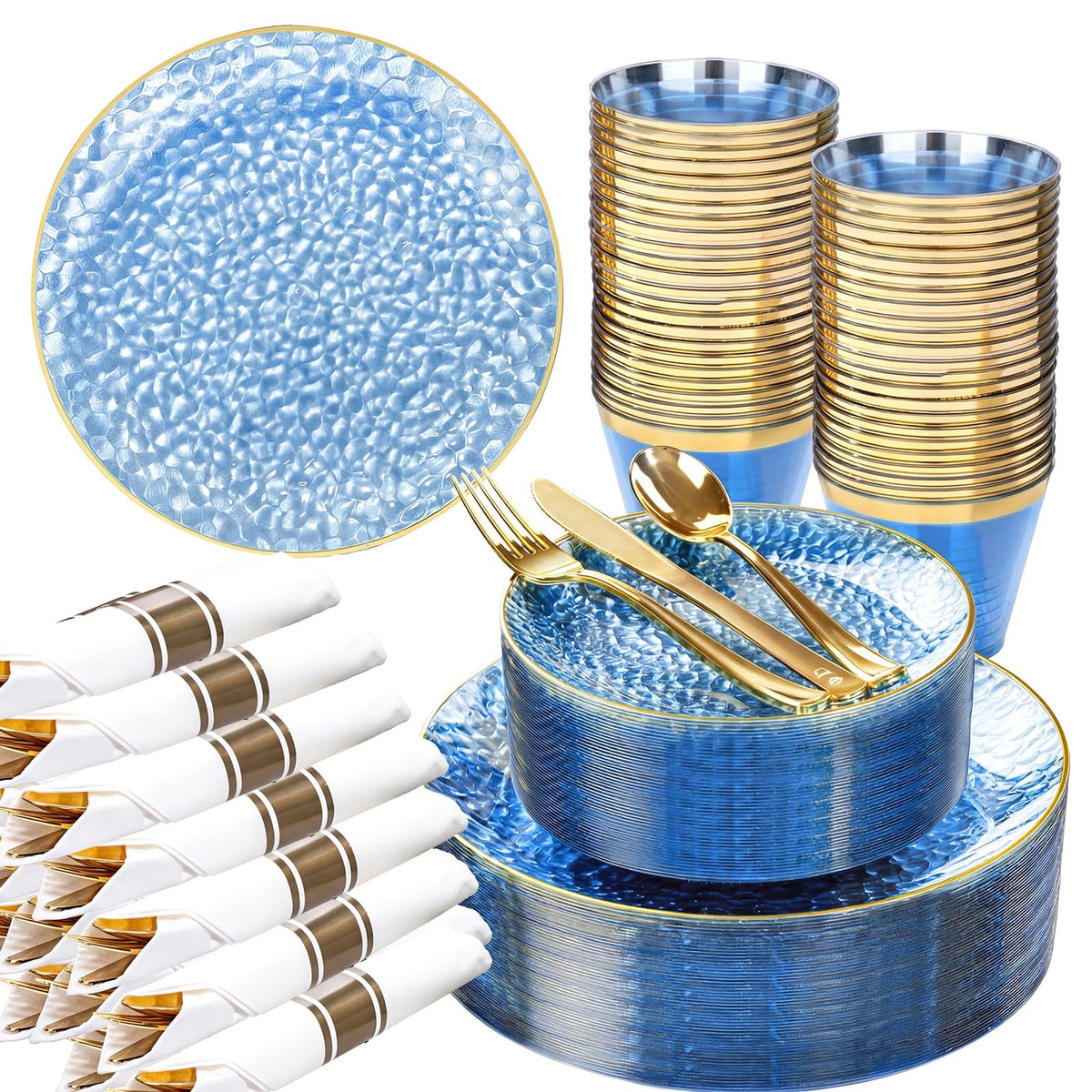 Rubtlamp 175 Pcs Plastic Dinnerware Set (25 Guests), Blue Disposable Plates With Gold Rim, Hammered Party Plates Set Include Dinner Platos, Dessert Platos, Cups, Cutlery And Napkins for Party