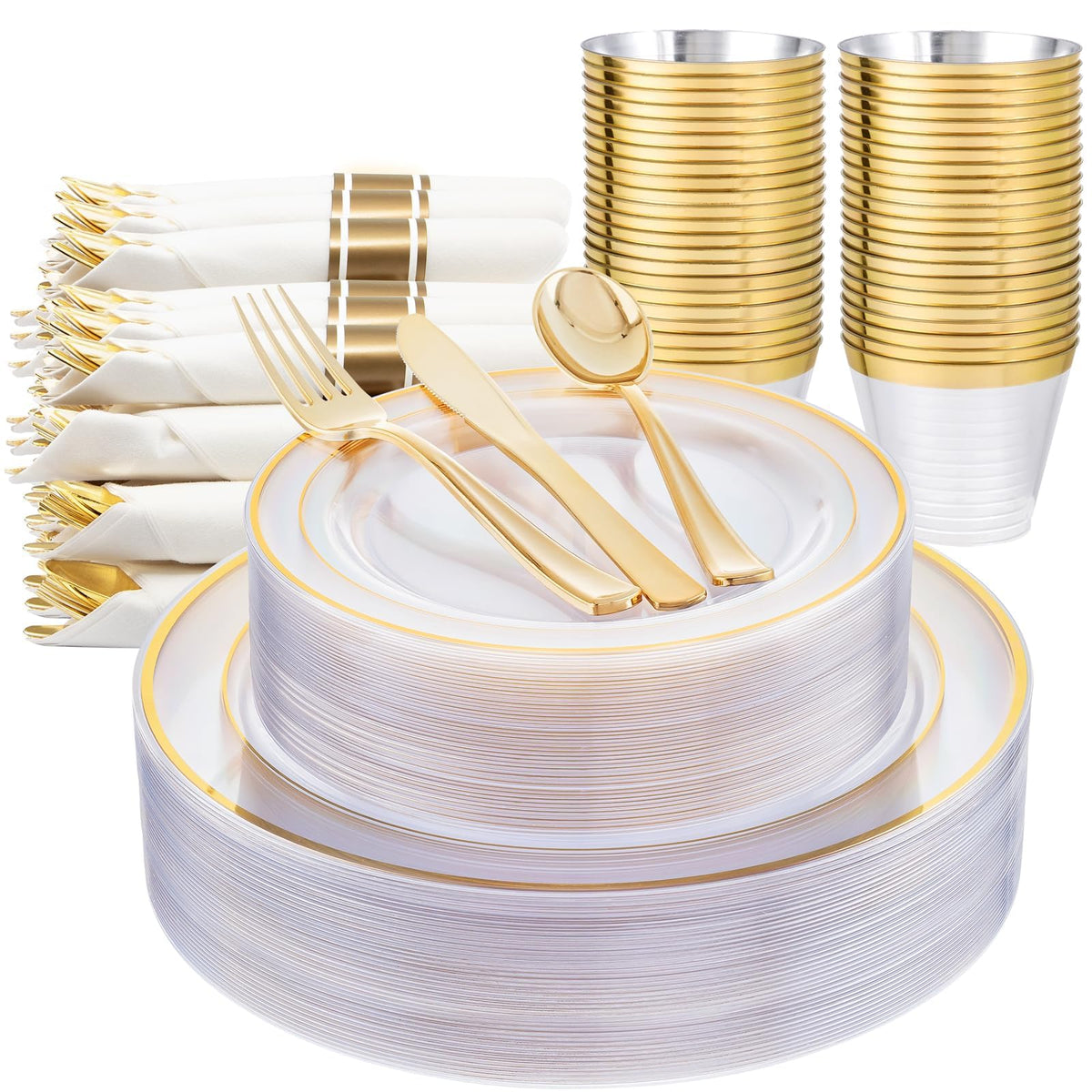 WELLIFE Disposable Plates & Gold Silverware Set, 350 Pieces for 50 Guests
