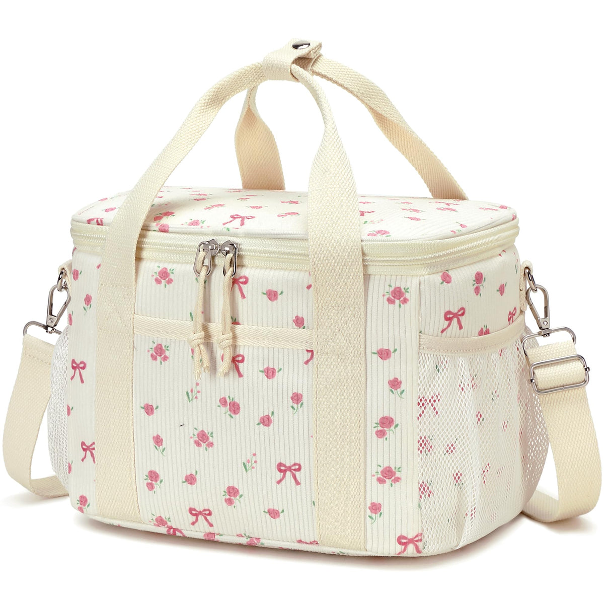 BTOOP Insulated Lunch Box for Women, Cute Leakproof Lunch Tote, Large Capacity Aesthetic Lunch Bag Girls with Shoulder Strap for Work, School, Picnic Pink Bow Floral