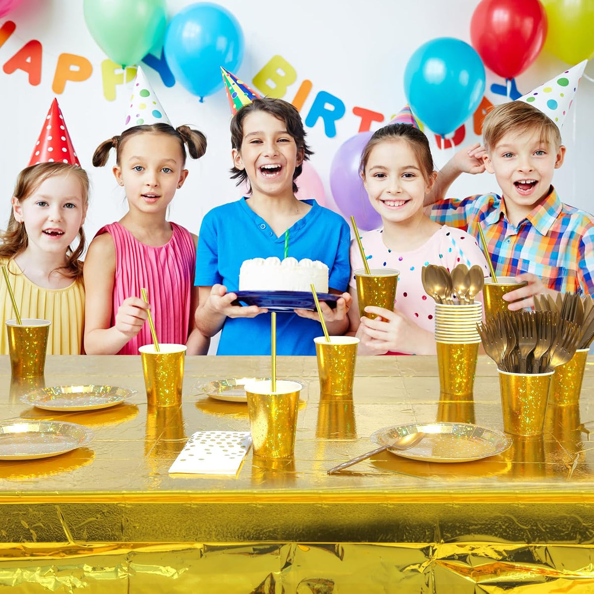 Sparkling Star Patterned Disposable Tableware Set, 201 Pieces, Tablecloths, Cutlery, Napkins, Cups, Straws, Plates for Parties, Birthdays, Graduations, Kids Events. 25Guest (Gold)