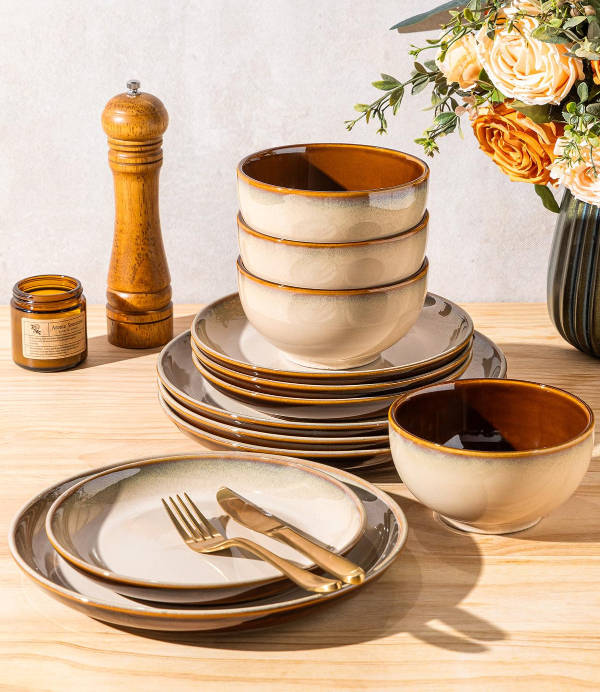 LeRatio Ceramic Dinnerware Sets for 6,18Pcs Porcelain Plates and Bowls Set