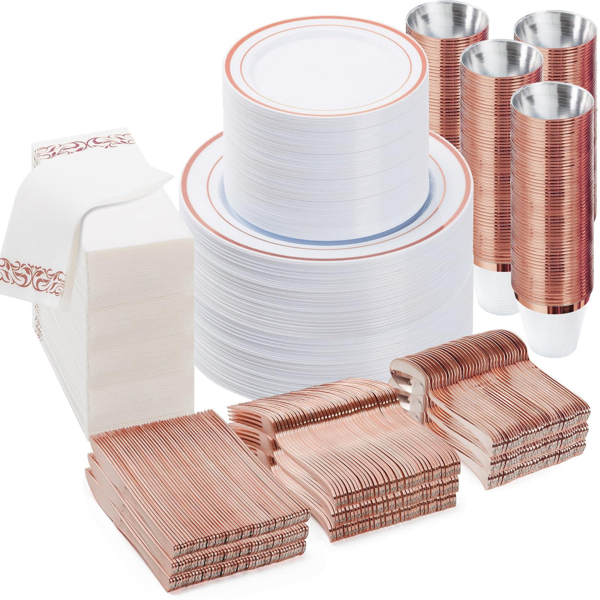 BESTVIP 700 PCS Disposable White and Gold Plastic Plates for 100 Guests