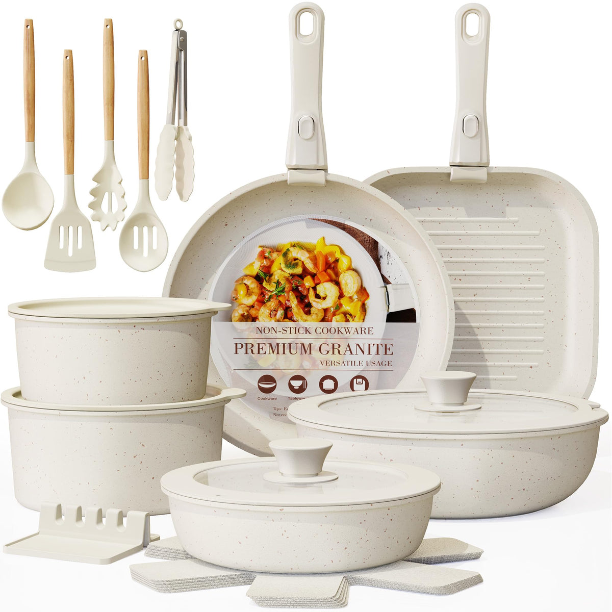Astercook 21 Pcs Pots and Pans Set Non Stick, Ceramic Cookware Set Detachable Handle, RV Kitchen Cooking Set Removable Handles, Oven Safe, Induction Ready, Stackable, Cream, Fathers Day Gift for Men