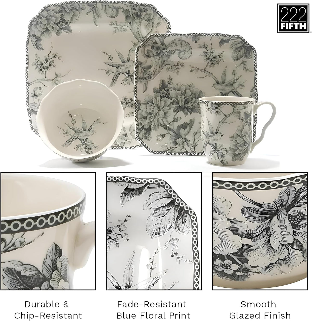 222 Fifth Adelaide Grey 16-Piece Floral Porcelain Dinnerware Set | Microwave and Dishwasher Safe Dining Set for 4 | Stackable and Chip-Resistant Plates Bowls and Cups | Gift for Housewarming & Wedding