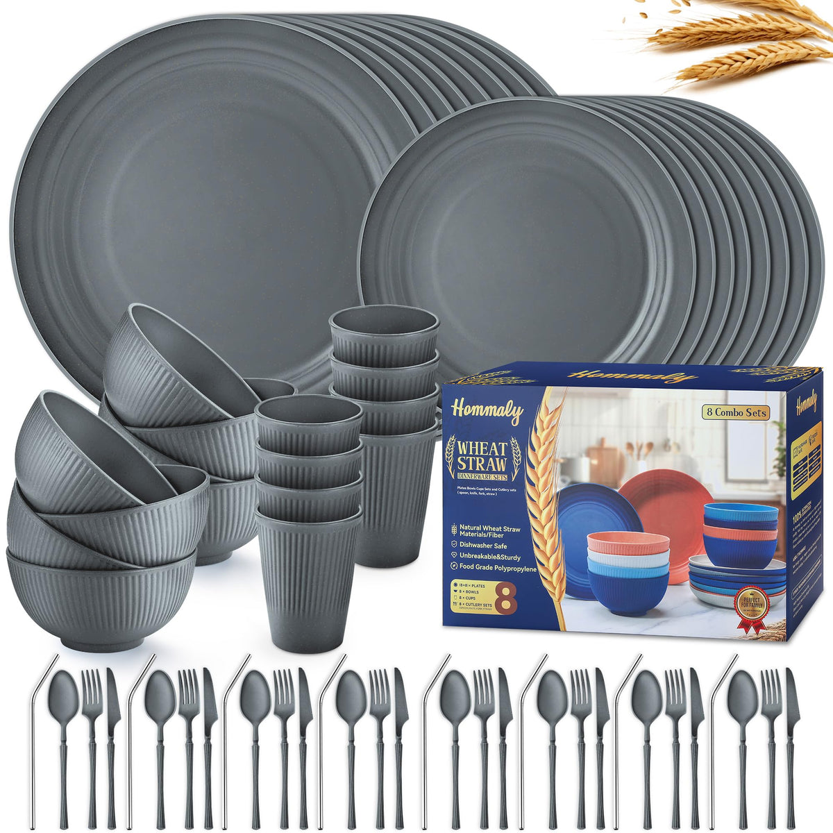 Wheat Straw Dinnerware Sets,64-Piece Black Plates and Bowls Sets for 8-Unbreakable,Reusable Plastic Dish Set-Dinner Plate/Dessert Plate/Cereal Bowl/Cup/Utensils-Microwavable Dishwasher Safe 64P-BLACK