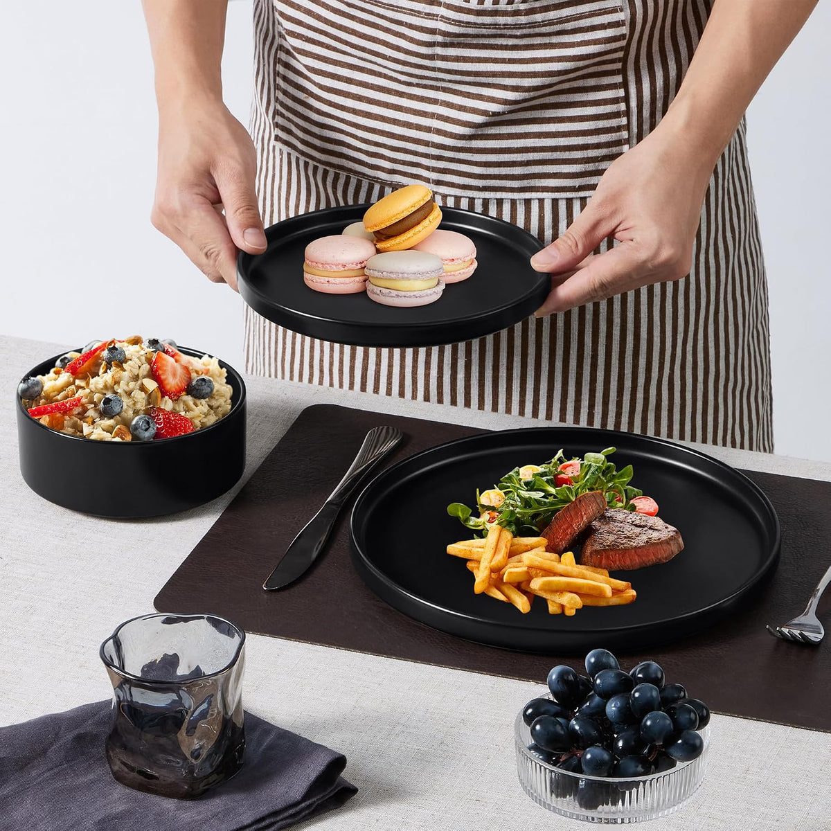 E-far Stoneware Dinnerware Sets, 12-Piece Black Plates and Bowls Set for 4