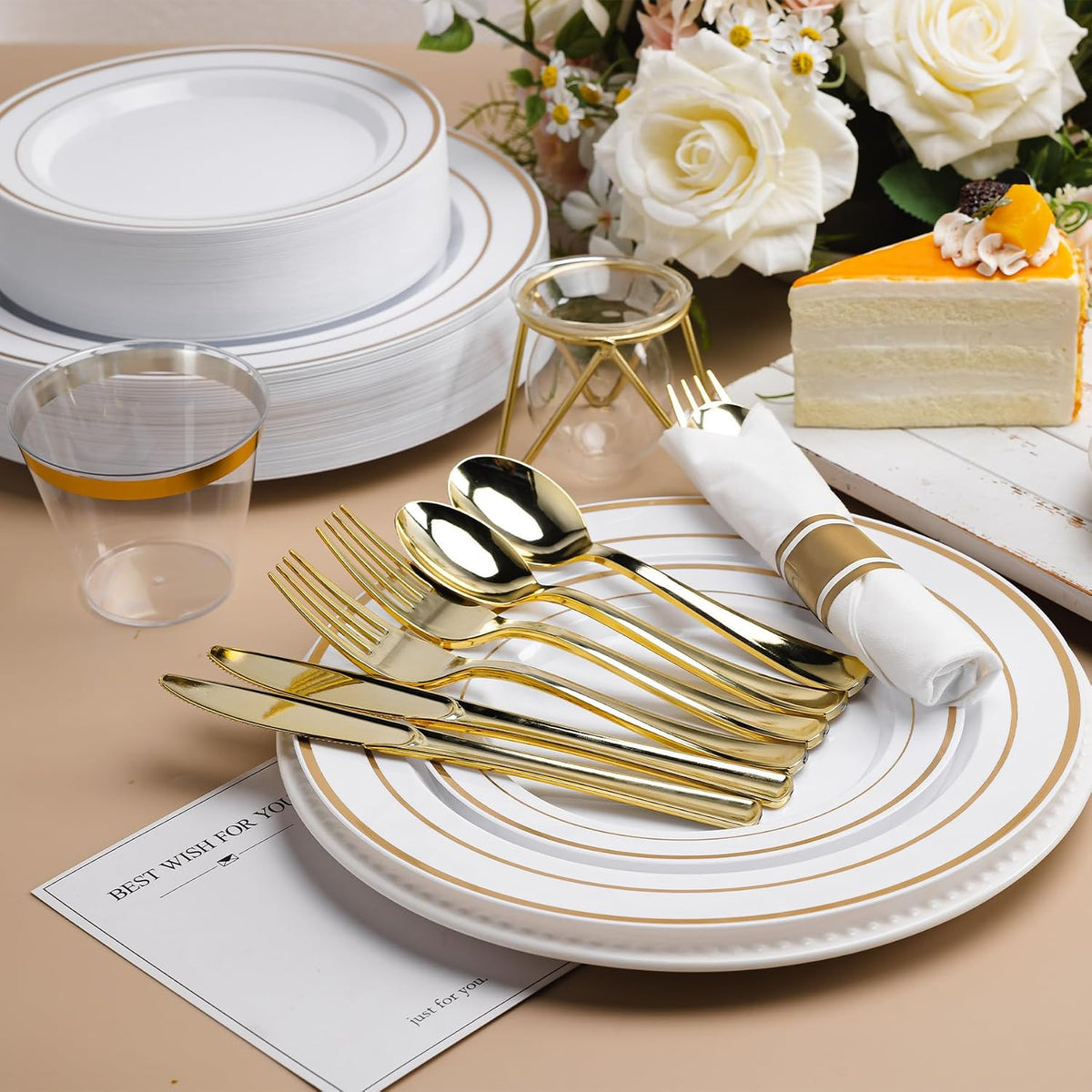 350 PCS White and Gold Plastic Dinnerware Set for 50 Guests