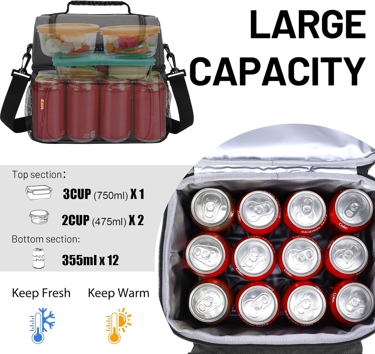 MIER Men's Insulated Lunch Box Large Lunch Bag Cooler for Outdoor Dark Gray