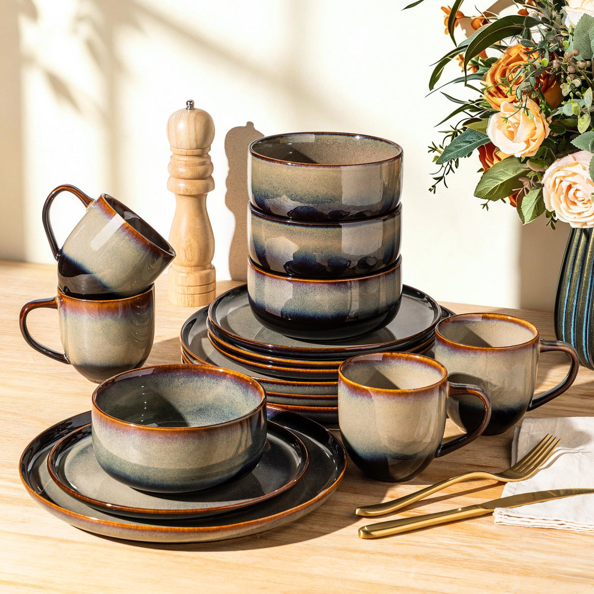TheTerra Ceramic Dinnerware Set for 4, 12-Piece Plates and Bowls Set