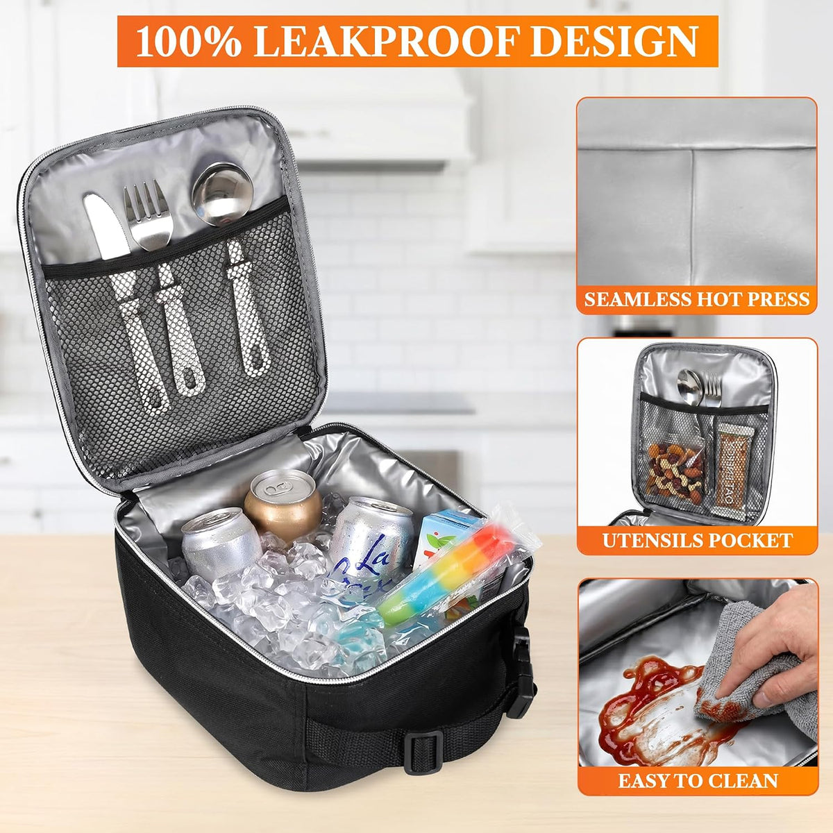 opux Insulated Lunch Bag for Kids Boys Girls, Small Compact Lunch Box with Wide Opening & Mesh Pockets, Reusable Lunch Pail for School, Work, Adults, Men, Women, Charcoal Grey