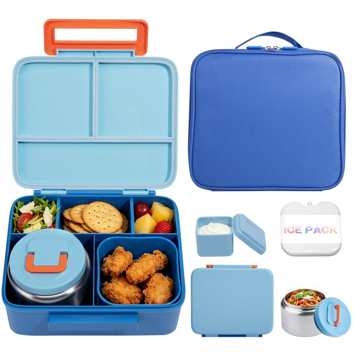 Bento Lunch Box for Kids with 8oz Soup Thermo Leak-Proof Lunch Food Containers with Snack Sauce Container for Kid Girls Boys to School,Blue Bag