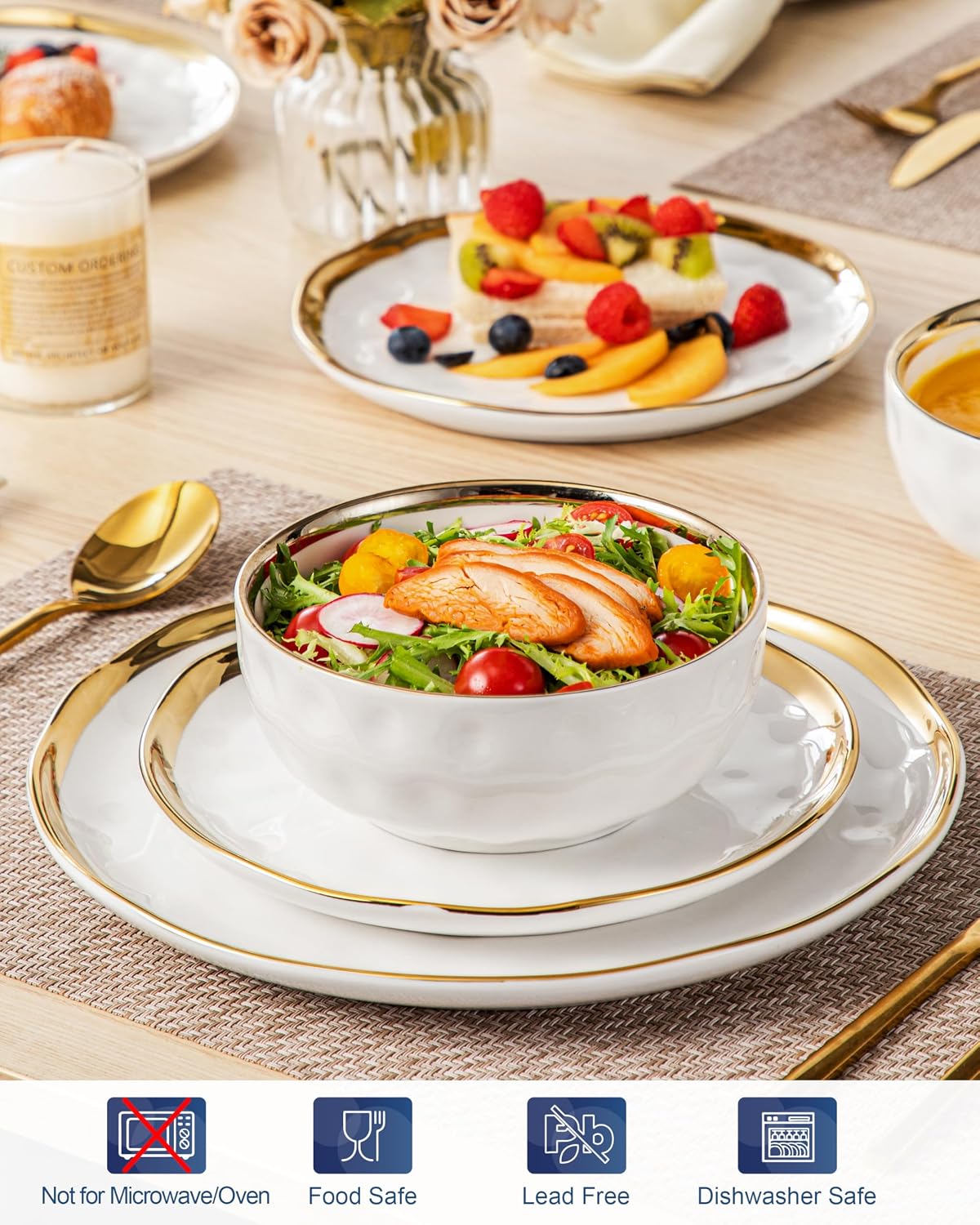 LOVECASA 12 Pieces Plates and Bowls Sets, Porcelain White and Gold Dinnerware Sets, Round Dinner Plates Dishes Set Service for 4, Dishwasher Safe and Scratch Resistant, White