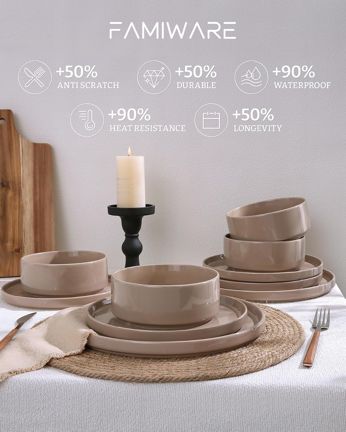 Famiware Nebula Plates and Bowls, 12-Piece Dinnerware Set, Cinnamon Brown