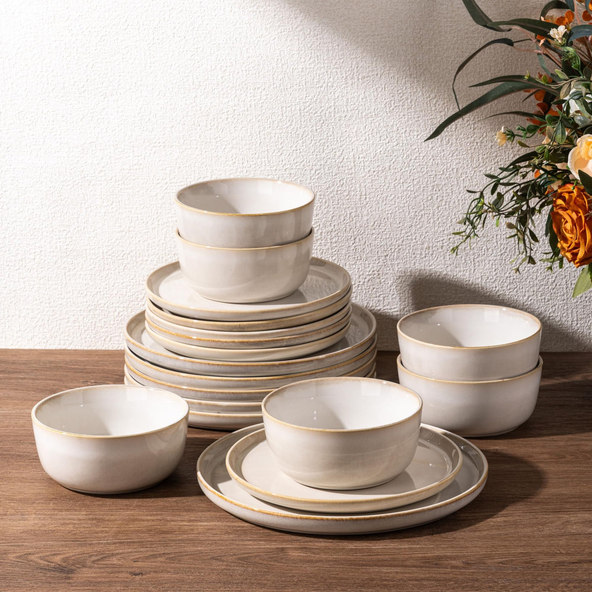 GBHOME Ceramic Dinnerware Sets for 8, 24 Pieces Stoneware Plates and Bowls Sets, Scratch Resistant Dishes, Dishwasher & Microwave Safe, Reactive Glaze-Green Wheat