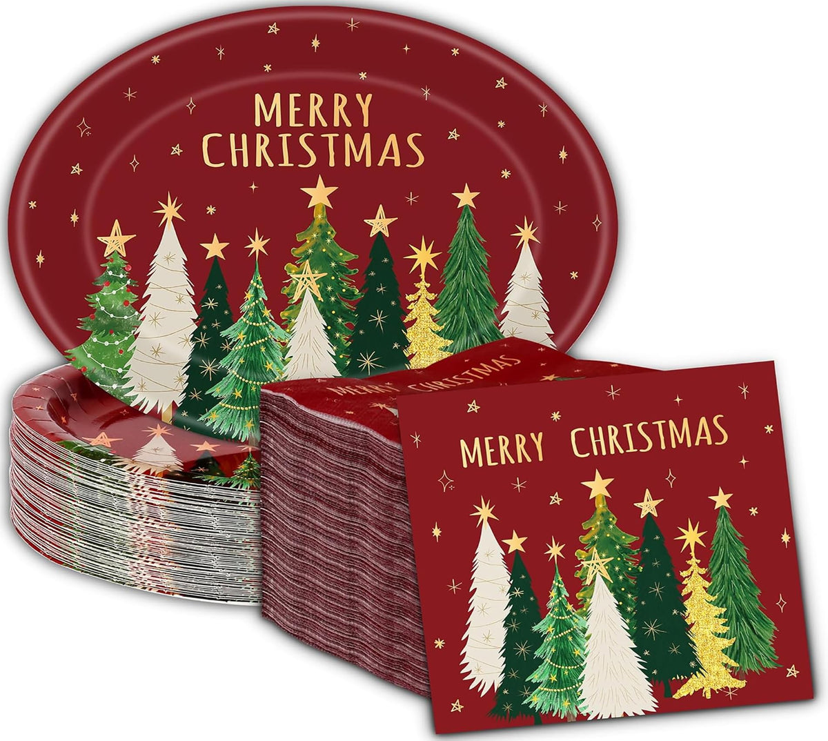 100Pcs Merry Christmas Oval Paper Plates and Napkins ,12"x10" Beige Plates