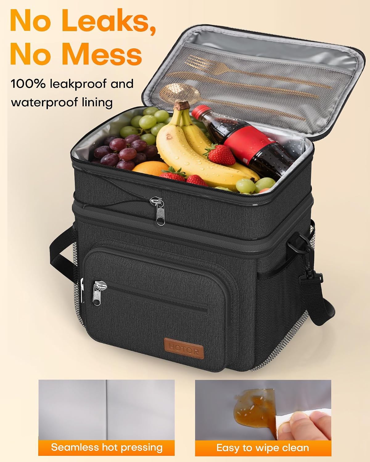 HOTOR Lunch Box Men Women Double-Layer Insulated Lunch Bag Black 12L