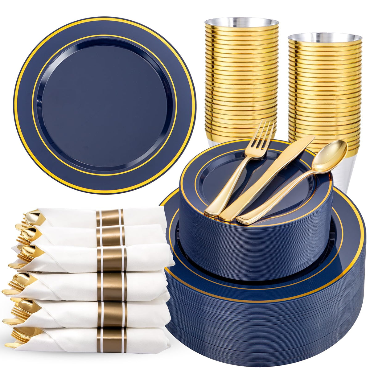 WDF Partyware 350Piece Gold Dinnerware Set for 50 Guests - Gold Plastic Plates with Disposable Cutlery - 50Dinner Plates-50Dessert Plates-50Pre Rolled Napkins with Silverware for Wedding/Thanksgiving
