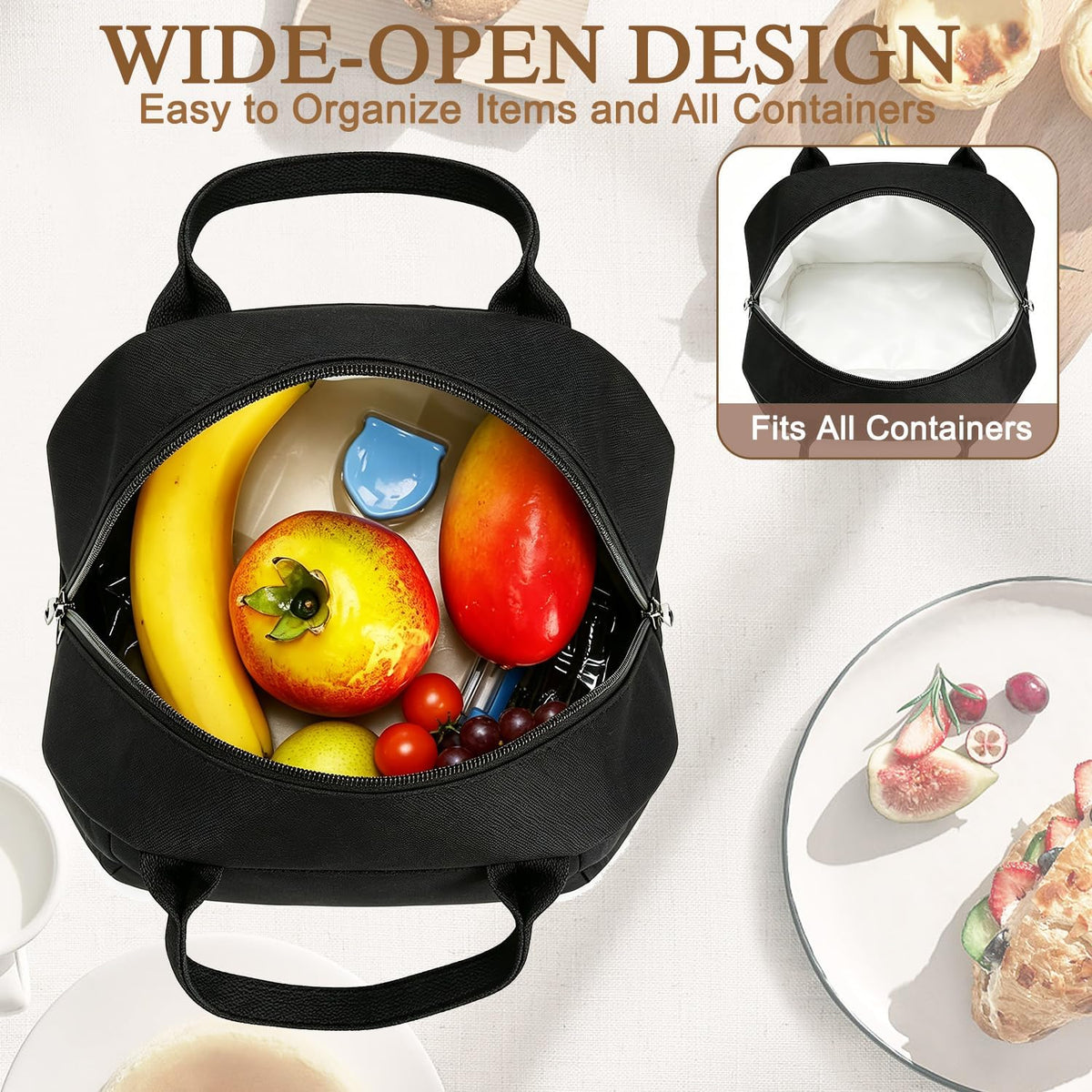 FlowFly Insulated Lunch Cooler Bag - Tote Bag Organizer for Women/Men, Black