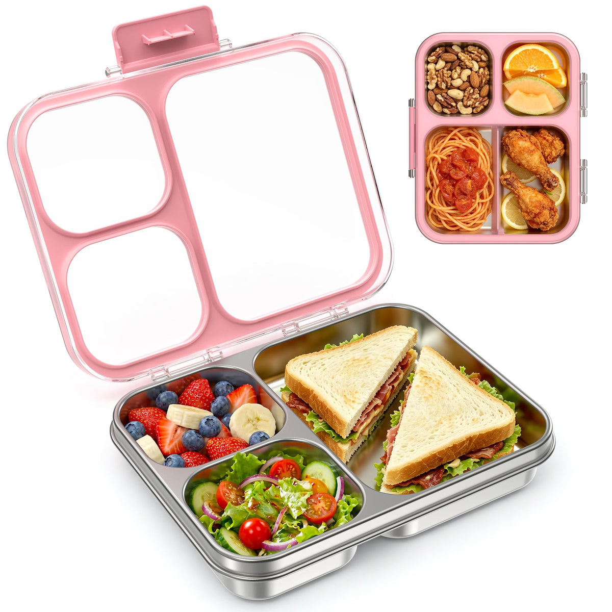 LOHASOK Stainless Steel Bento Lunch Box for Kids, 3-Compartment & Leakproof