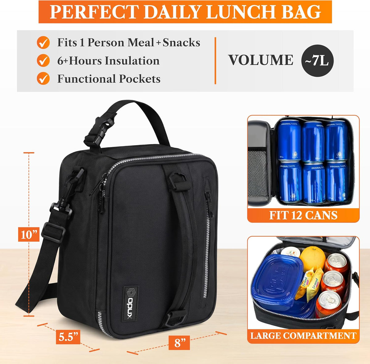 opux Insulated Lunch Bag for Men Women Kids, Soft Lunch Box, Black